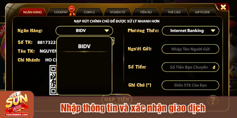 Nhập thông tin và xác nhận giao dịch
